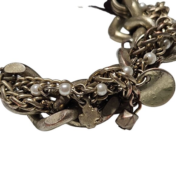 Vintage Leather Brass Chain Link Charm Bracelet Faux Pearls Fashion Jewelry - Picture 3 of 8